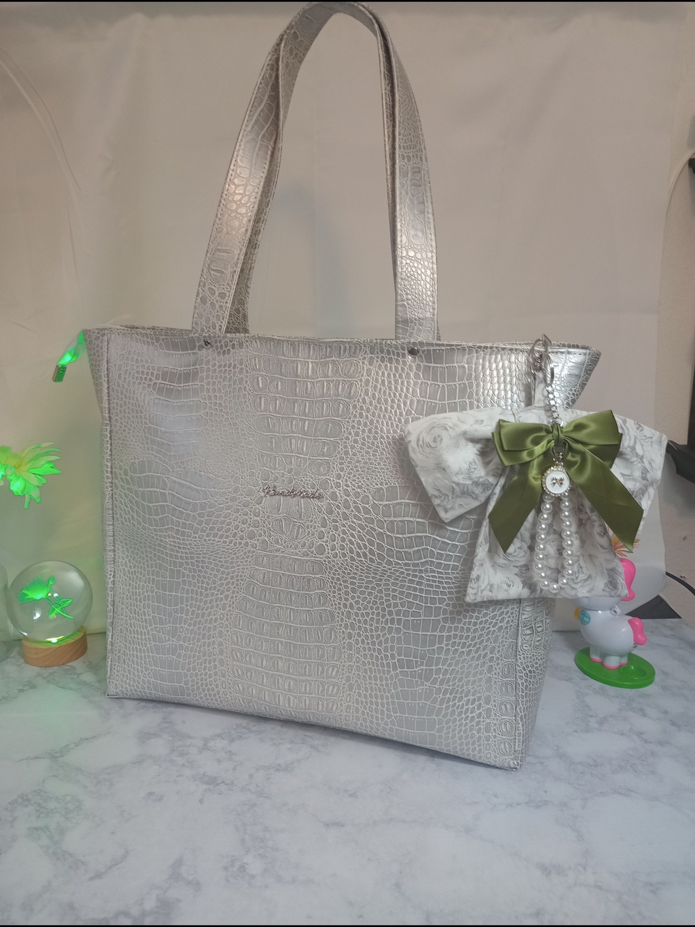 Handmade Silver Croc-Embossed Laptop Bag, Tote with Removable Bow Keychain Charm